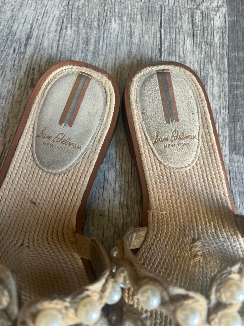 Sam Edelman Natural Pearl Embellished Woven Slide Sandals - Picture 9 of 10